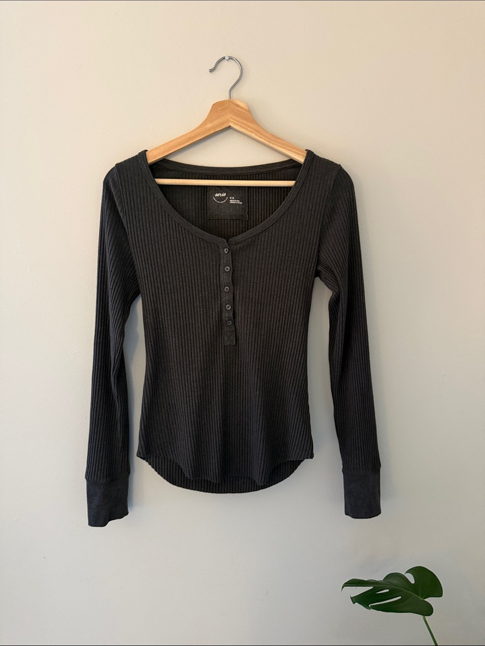 Aerie Gray Ribbed Henley Shirt